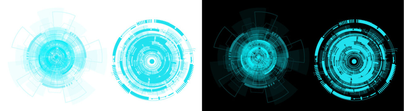 PNG image of Detailed futuristic cyan circles featuring intricate mechanical gear patterns and complex data nodes displayed in bright high contrast on transparent background