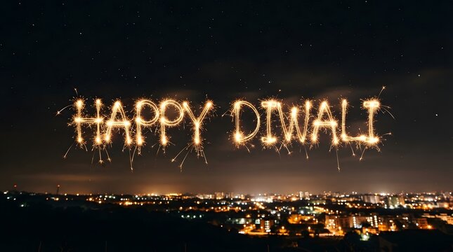 Happy diwali text written with sparklers over a night city skyline