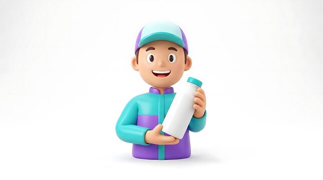 3D service worker in uniform holding a white bottle.