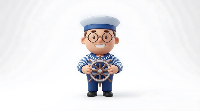 3D sailor character steering ship wooden wheel.