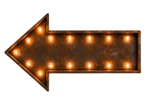 Vintage marquee arrow sign, rusty metal directional light, retro theater bulb arrow isolated on Transparent Background