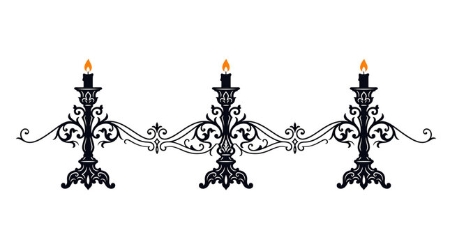 Elegant black candelabra with three lit candles isolated on transparent background