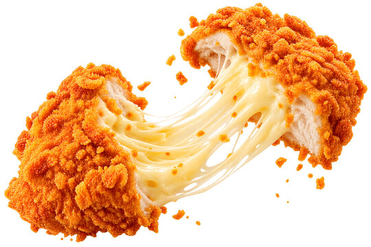 Crispy breaded fried chicken cutlet split perfectly in half, revealing stretch of mozzarella cheese connecting both pieces isolated on transparent background