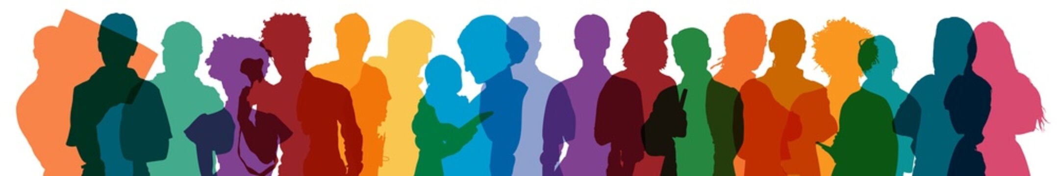 Buntes Panorama aus Silhouetten erwachsener Menschen verschiedenen Alters