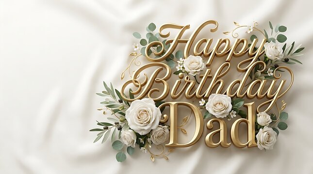 Happy birthday dad lettering written in elegant metallic gold cursive font decorated with beautiful white roses and lush green foliage