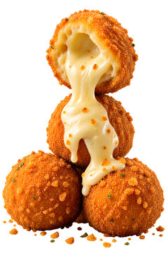 Golden-brown crispy cheese croquettes stacked in a pyramid on transparent background