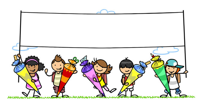 Cartoon Kinder mit Schult&uuml;te halten leeres Banner zur Einschulung in Grundschule