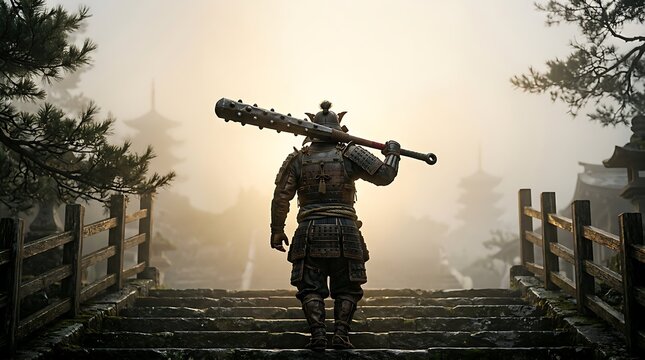 Japanese samurai warrior wearing traditional armored clothing stands on stone stairs carrying a large spiked iron club at dawn light