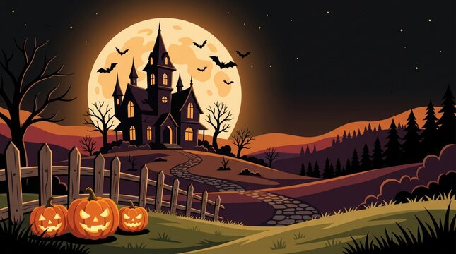 A spooky and atmospheric halloween background featuring a haunted castle silhouetted against a full moon complemented by glowing jack o' lanterns and a graveyard scene