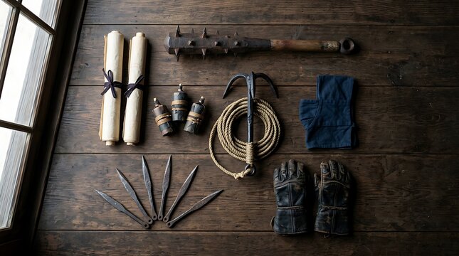 Traditional japanese ninja weapons and tactical tools arranged neatly on a rustic dark wooden floor viewed from a high angle