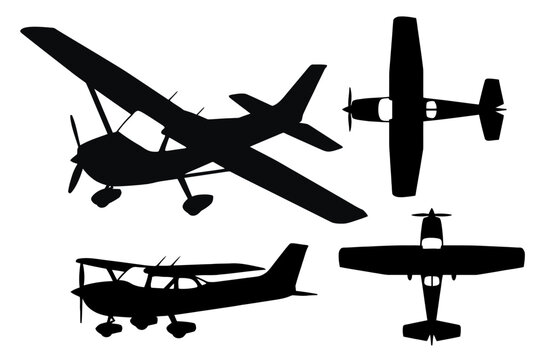 High Wing Light Airplane Views Black Silhouette Set Isolated on White Background