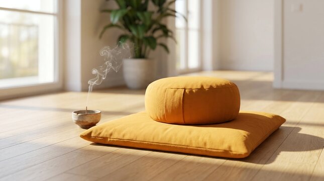 Meditation zafu cushion and floor mat in sunlit minimalist room with meditation mindfulness lifestyle peaceful interior minimalist wellbeing spiritual sunlight relaxation practice exercise