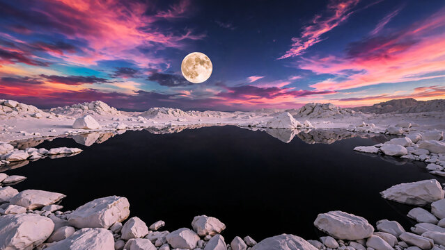 Lune dans ciel color&eacute; au dessus d'un trou noir au milieu des rochers