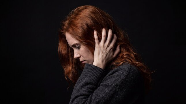 Depressed woman with red hair in dark profile, sad female face expressing grief and mental health struggle, lonely person in shadow