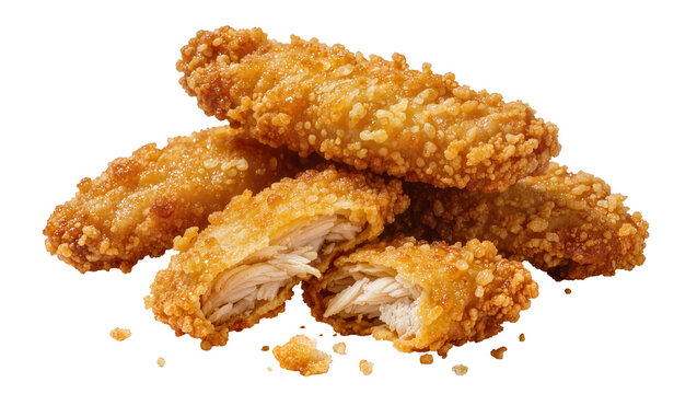 Golden crispy chicken tenders with crunchy breading one broken open, isolated on transparent background