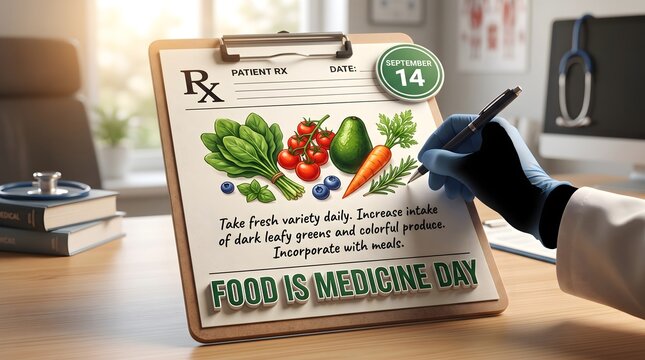 Food is Medicine Day, dietitian concept, nutritionist checklist with healthy vegetables, Rx symbol, nutritionist clipboard for health and wellness