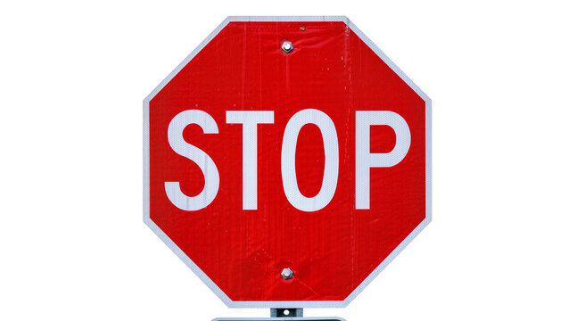 Red octagonal stop sign with white lettering, isolated on transparent background
