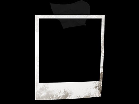 Vintage photo frame card with film texture with glued black tape, isolated black JPEG.