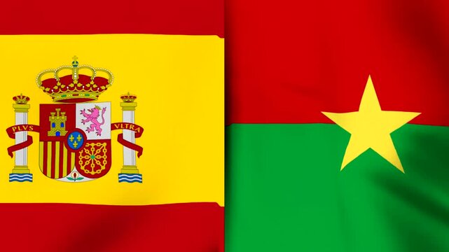 A close up view of the national flags of Spain and Burkina Faso waving together side by side