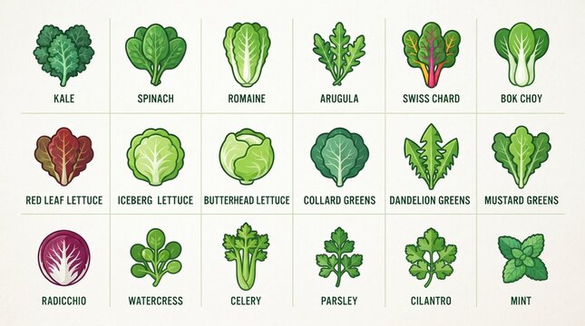 collection of fresh leafy green vegetables and herbs icon set