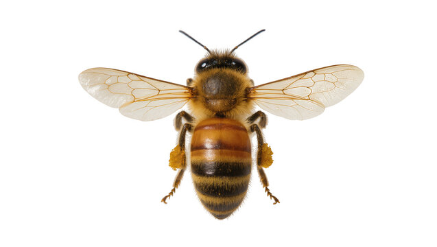 Honey bee with pollen baskets on legs, isolated on transparent background