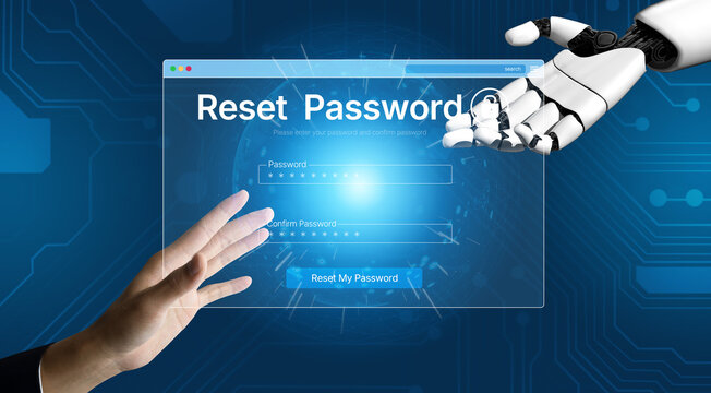 An AI assistant guides the user through a secure password reset process. This interface ensures the account recovery is safe and the new password meets security standards. Fermion