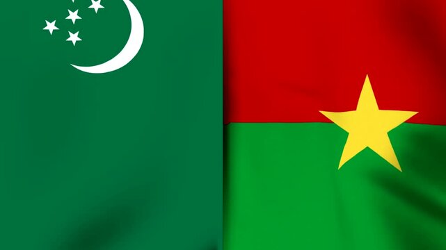 A double image featuring the waving fabric flags of Turkmenistan and Burkina Faso side by side