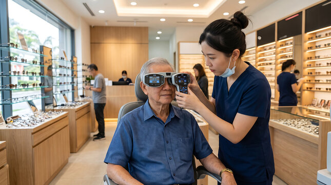 Optician Measuring Pupillary Distance in Optical Shop
