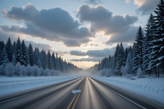 Winter Highway at Sunset With Snowy Evergreen Forest and Dramatic Cloudy Sky
