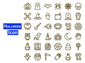 Obraz premium Halloween icon set with pumpkins, ghosts, and spooky symbols in flat vector design for festive graphics