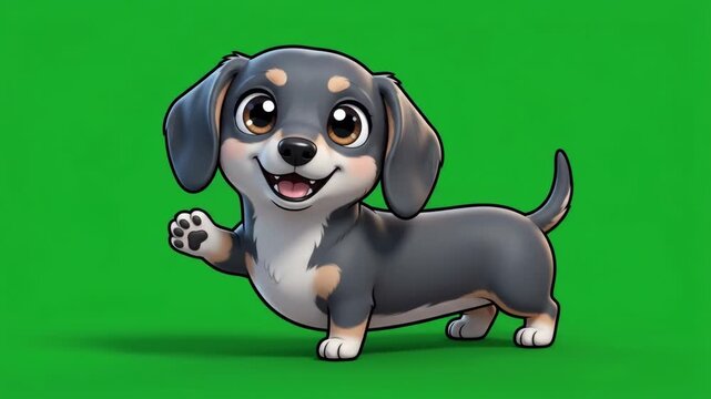 Cute cartoon dachshund puppy waving hello on a vibrant green background, adorable and friendly pet illustration.