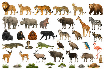 Obraz premium Collection of Wild Animals and Nature Elements Isolated on White Background