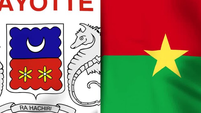 Close up of the official flag of Mayotte and the national flag of Burkina Faso waving together