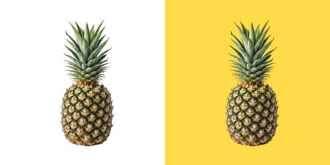 Fototapeta premium Fresh whole pineapple fruit with green leaves on split colors transparent png