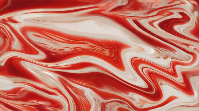 Abstract red and white liquid marble background. Swirling fluid paint texture. Marbled acrylic flow motion. Artistic wavy pattern for creative design.