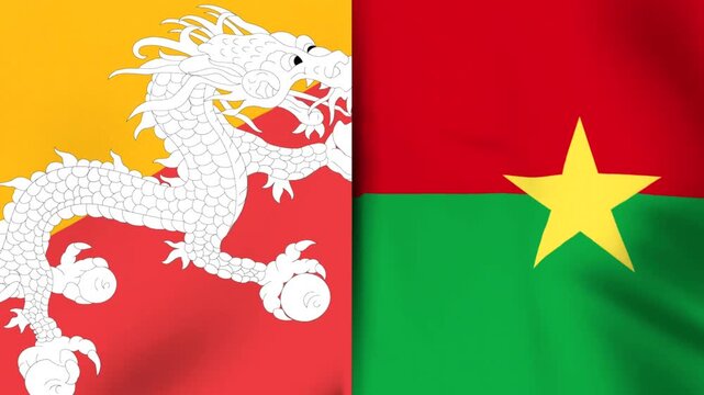 Combined national flags of Bhutan and Burkina Faso showing side by side wavy fabric texture design