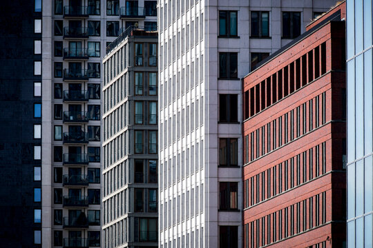 Colorful high rise buildings. A mix of businesses, offices and apartments. Photo taken in the city center of The Hague, The Netherlands.