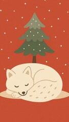 Naklejka premium Cozy fox beneath snowy tree.