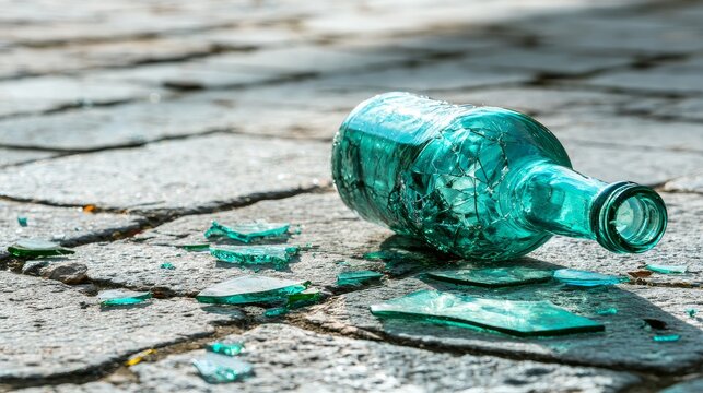 Broken glass bottle with shattered pieces scattered on pavement, showing hazardous debris, urban safety risks, accidental damage, litter, vandalism, and cleanup concerns