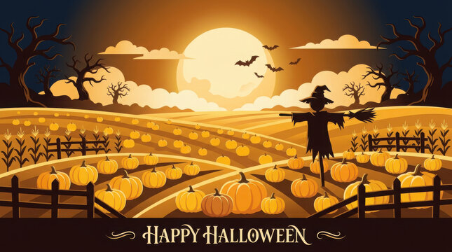 Scarecrow in a pumpkin patch field at sunset with a large full moon and dark generated using ai