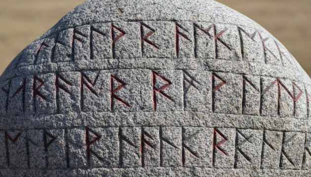 Viking runestone with engraved ancient  symbols and red markings outdoors  