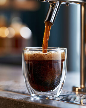 Fresh cold brew coffee pouring into a glass cup