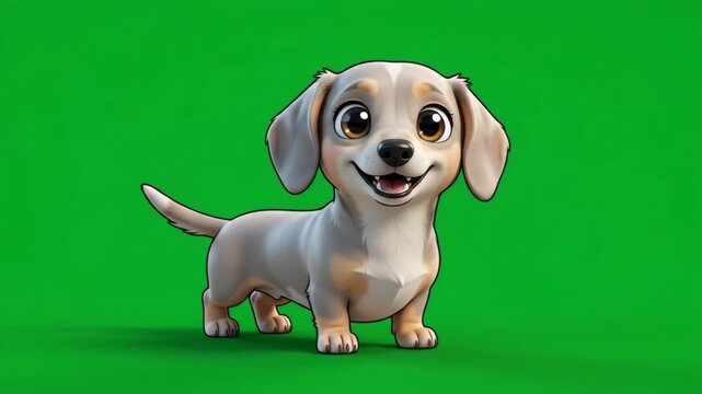 Cute cartoon dachshund puppy standing on a vibrant green screen background, looking happy and playful.
