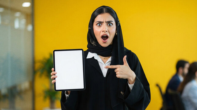 Excited Arab man in traditional ghutra showing promotional discount signs, white friday deals, ramadan offers, passport tickets, and megaphone announcements against a yellow background