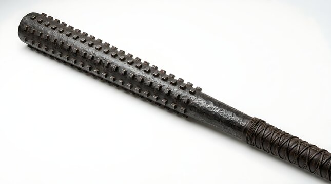 Medieval steel kanabo weapon featuring sharp iron studs and a wrapped leather handle captured against a clean white studio background