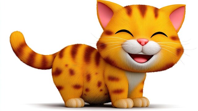 Joyful Orange Tabby Kitten: A cartoon orange tabby kitten with a wide, happy grin and striped fur stands with its tail held high, radiating pure joy and playful energy.