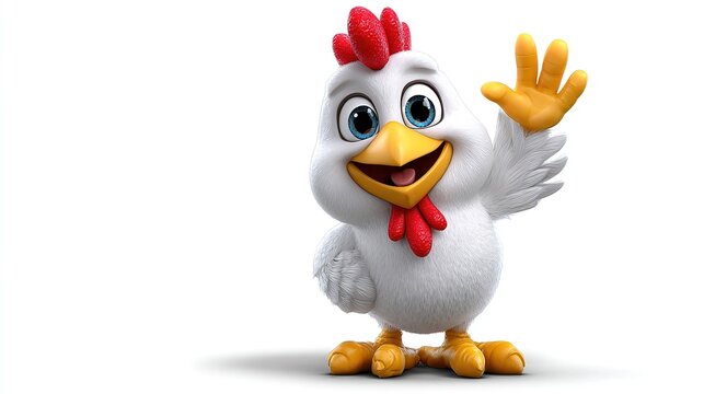 Friendly Chicken Waving Hello: A cheerful cartoon chicken with bright blue eyes, red comb, and yellow beak waves a welcoming hand, radiating friendliness and charm.