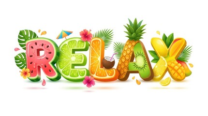 Fototapeta premium Relax Typography with Tropical Fruits Watermelon Lime Orange Pineapple Mango