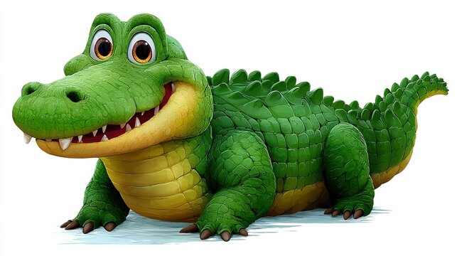Cartoon Alligator with a Smile: A charming green cartoon alligator with wide eyes and a broad, toothy grin poses happily, showcasing its scaly texture and playful demeanor.