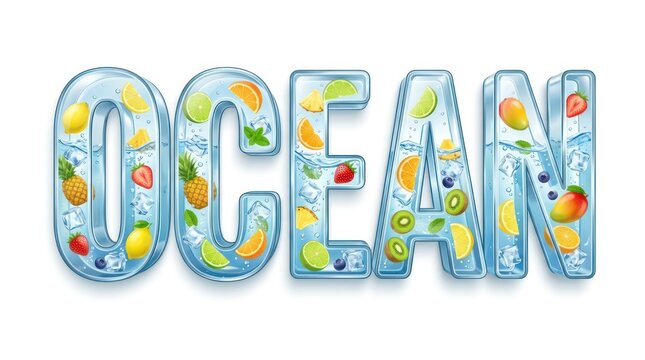 Refreshing 3D OCEAN text filled with water ice cubes and tropical fruits